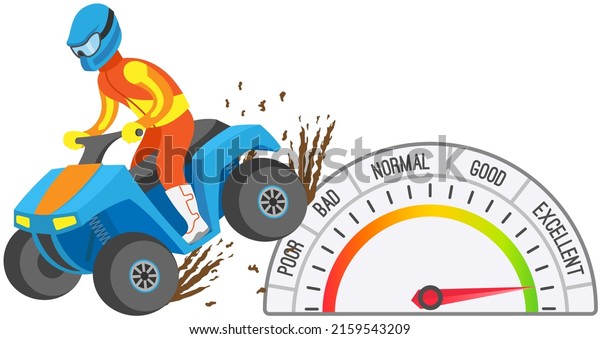 Speedometer and biker on quad bike, car speed\
control. Tachometer with color sectors from poor to excellent.\
Speedo with scales and pointers for measurement of speed and\
kilometers in\
vehicle
