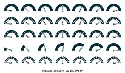 Speedometer black icon. Electric car gauge with arrow, gasoline fuel and empty indicator. Vector automobile speedometer gauge set. Vehicle equipment and dashboard animation collection