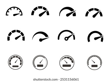 Icono negro del velocímetro. Indicador de coche eléctrico con flecha, combustible de gasolina e indicador vacío. Vector de automóviles de medición de velocidad conjunto Vector	