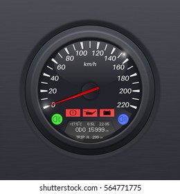 Speedometer. Black speed gauge. Classic car computer dashboard. Vector 3d illustration.