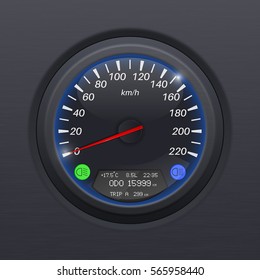 Speedometer. Black speed gauge. Classic car computer dashboard. Vector 3d illustration