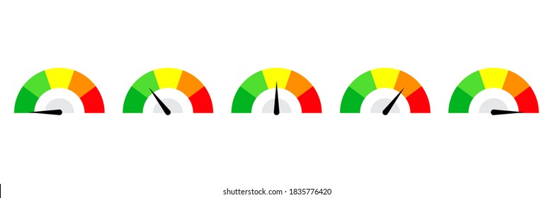 Geschwindigkeitsmesser-Taste eingestellt. Satz von Farbvektorgeschwindigkeits-Messgeräten. Satz von Indikatoren.Flache Illustration mit Tachometer-Set für die Berichtsgestaltung. Zeige das Symbol. Vektorgrafik. Vektorweb-Button. EPS10