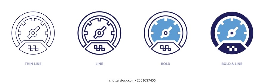 Ícone da máquina de calibração do velocímetro em 4 estilos diferentes. Linha fina, Linha, Negrito e Linha Negrito. Estilo duotônico. Traçado editável.
