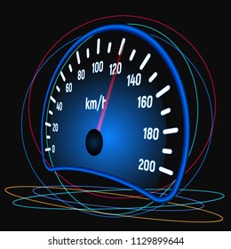 The speedometer of the car. Kilometre per hour. Speed measurement. Vector illustration. Blue glow.