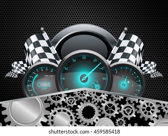 Speedometer and checkered flags with concept gears.Vector