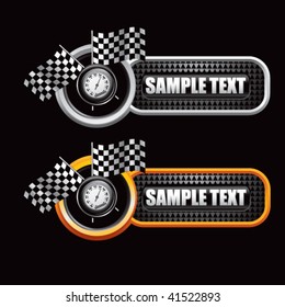 speedometer and checkered flags on black checkered tabs