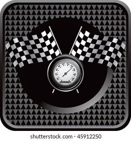 speedometer and checkered flags on black checkered web button
