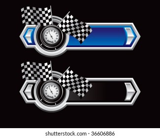 speedometer and checkered flags on blue and black arrows