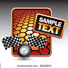 speedometer and checkered flags on orange hexagon templates