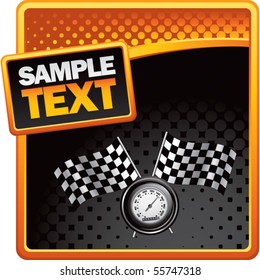 velocímetro y banderas a cuadros en publicidad naranja y negra de medio tono
