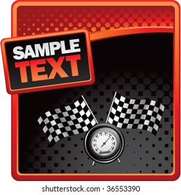 speedometer and checkered flags on red and black halftone banners