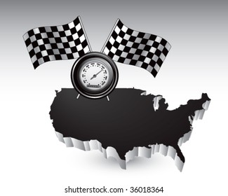 speedometer and checkered flags on united states icon