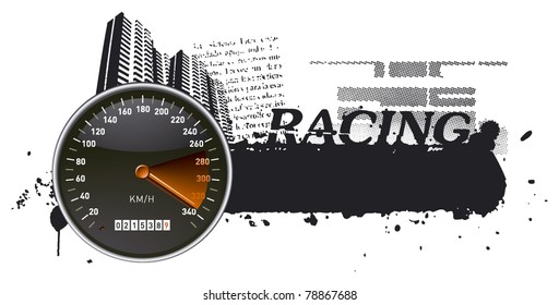 speedometer with city and grunge banner
