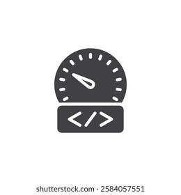 A speedometer with a code vector icon. filled flat sign for mobile concept and web design. Code Optimization glyph icon. Performance improvement symbol, logo illustration. Vector graphics