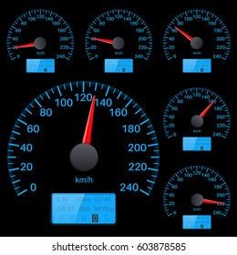 Speedometer collection. Round black gauge with chrome frame. Vector 3d illustration on black background