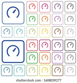 Speedometer color flat icons in rounded square frames. Thin and thick versions included.