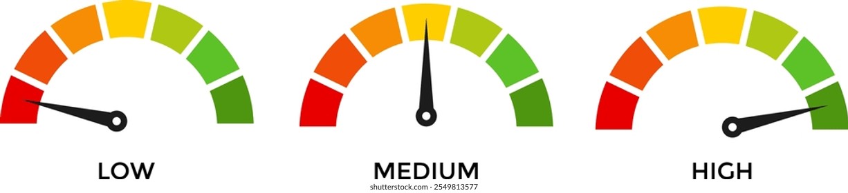 Conjunto de iconos de color del velocímetro. Señal de velocímetro baja, Mediana y alta. Medidor de velocidad de clasificación
