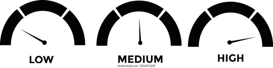 speedometer color icon set. Low, medium, high speedometer sign. Rating Speed Meter. Speedometer icon. Speed indicator sign. Internet car speed