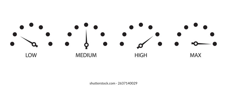 speedometer color icon set. Low, medium, high and max speedometer sign. Rating Speed Meter. Speedometer icon. Speed indicator sign. Internet car speed.