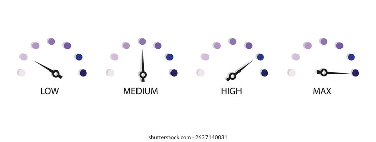 speedometer color icon set. Low, medium, high and max speedometer sign. Rating Speed Meter. Speedometer icon. Speed indicator sign. Internet car speed.