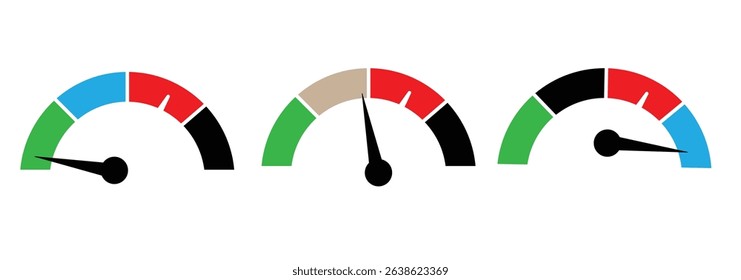 speedometer color icon set. Low, medium, high speedometer sign. Rating Speed Meter.