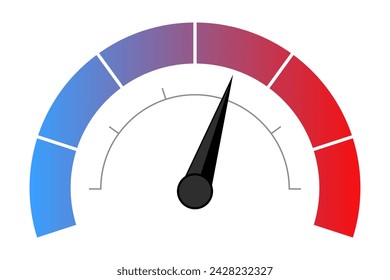 Speedometer with color scale and above average value. Measure, needle, speed, temperature, fast, slow, hot, cold, loading, upload, download, intensity, bandwidth, frequency. Vector illustration