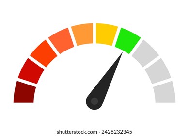 Speedometer with color scale and average value. Measure, needle, speed, minimum, maximum, temperature, fast, slow, hot, cold, loading, upload, download, intensity, bandwidth, frequency. Vector