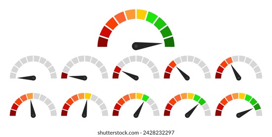 Velocímetro con escala de colores y diferentes lecturas de la aguja. Medición, velocidad, temperatura, rápido, lento, caliente, frío, carga, carga, descarga, intensidad, ancho de banda, frecuencia. Ilustración de vector