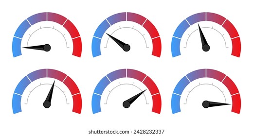 Speedometer with color scale and different needle readings. Measure, speed, temperature, fast, slow, hot, cold, loading, upload, download, intensity, bandwidth, frequency. Vector illustration