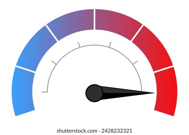 Speedometer with color scale and maximum value. Measure, needle, speed, temperature, fast, slow, hot, cold, loading, upload, download, intensity, bandwidth, frequency. Vector illustration