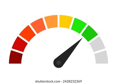 Velocímetro con escala de colores y valor máximo. Medida, aguja, velocidad, mínimo, temperatura, rápido, lento, caliente, frío, carga, carga, descarga, intensidad, ancho de banda, frecuencia. Vector