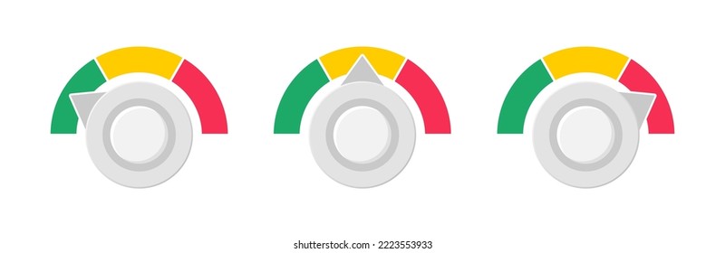 Speedometer colorful icons. Colored scale speed. Gauge meter icons. Indicator satisfaction. Green, red and yellow level dashboard with arrows. Vector illustration.