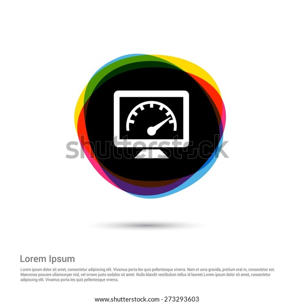 speedometer in computer screen icon, White\
pictogram icon creative circle Multicolor background. Vector\
illustration. Flat icon design\
style
