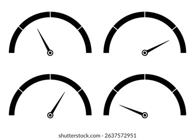 speedometer concept logo vector. Speedometer icon set. Speed indicator. Gauge, dashboard, tachometer, scale. Speedometer icon with arrow. Editable stroke line icons. Scale risk meter and indicators. 