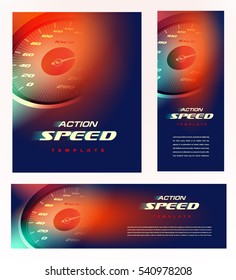 Speedometer cover design. Car speed action theme. Set flyer, banner, roll up banner, brochure size A4 template.