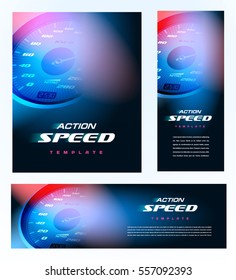 Speedometer cover design. Car speed action theme. Set flyer, banner, roll up banner, brochure size A4 template.