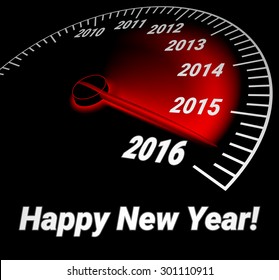 Speedometer with the date of year 2016. Happy new year. Creative card.