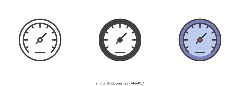 Juego de iconos de estilos diferentes para el velocímetro. Línea, glifo y contorno relleno versión colorida, contorno y signo vectorial relleno. Símbolo del indicador, ilustración del logotipo. Gráficos vectoriales