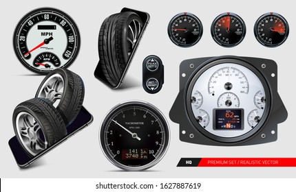 Speedometer. Digital. Customizable Dash Gauge. Realistic vector. Mobile app tyres, wheels. Speedometer in high speed. Set with tires, speedometers. Tachometer Motorcycle LCD-Digital Odometer. Luxury.