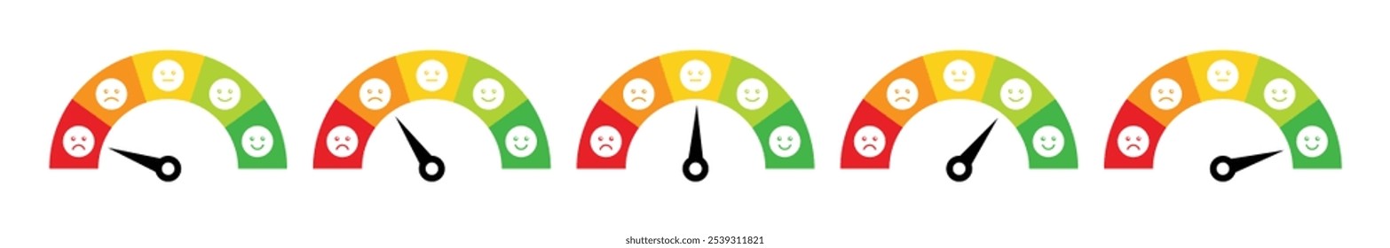 Speedometer emoji icons. Flat style. Vector icons, Mood scale, from red angry face to happy green emoji. Customer satisfaction meter. Vector illustration