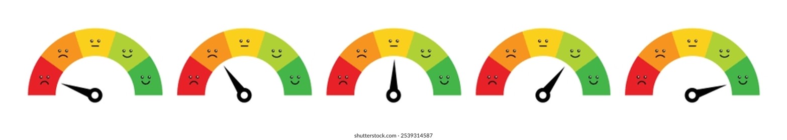 Speedometer emoji icons. Flat style. Vector icons, Mood scale, from red angry face to happy green emoji. Customer satisfaction meter. Vector illustration