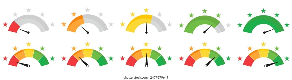 Comentarios del velocímetro con estrellas. Medidor de satisfacción del Cliente colección