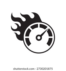 Speedometer with fiery flames bursting behind the dial black and white dynamic design speed indicator concept movement and energy
