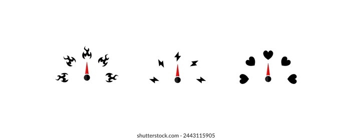 Iconos de fuego, relámpagos y amor del velocímetro. Estilo plano. Iconos vectoriales