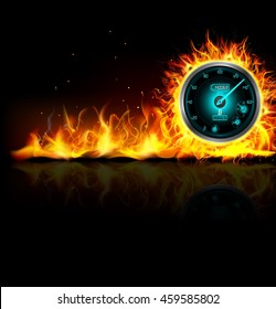Speedometer in fire on black background .Vector