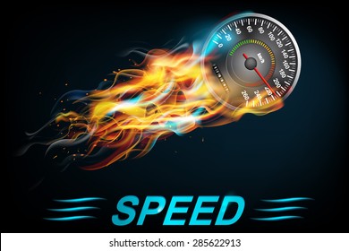 Speedometer  in Fire on dark background. Vector illustration