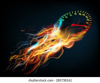 Speedometer  in Fire on dark background. Vector illustration