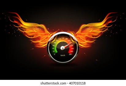 Speedometer with fire wings. Racing background.