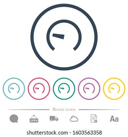 Speedometer flat color icons in round outlines. 6 bonus icons included.