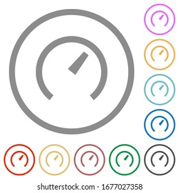 Iconos de color plano del velocímetro en contornos redondos sobre fondo blanco